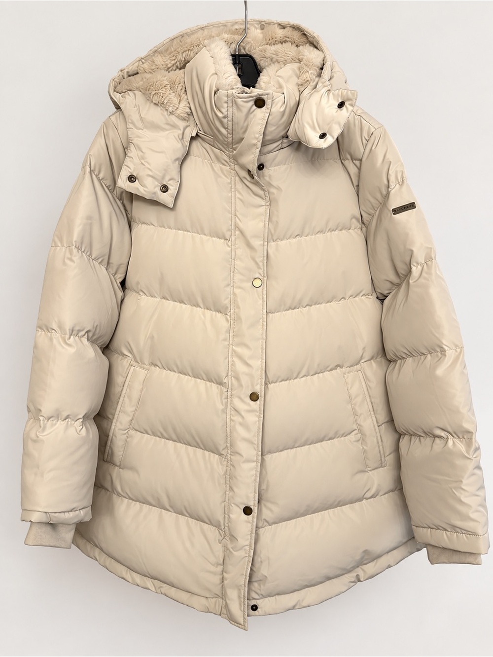 Skechers Women’s Puffer Parka Jacket Size L Cream Faux Fur Hood NWOT